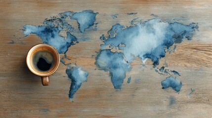 Vintage World Map Watercolor with Coffee Cup on Wooden Table