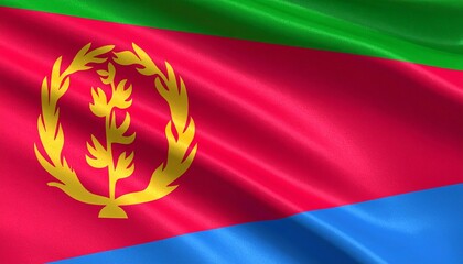 Eritrea flag with red, green, blue triangles and central gold olive wreath.