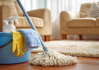 Cleaning supplies on a table with colorful spray bottles, sponges, and yellow gloves wiping a pink cloth. Household cleaning concept with detergents and tools in soft daylight.
