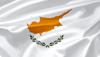 Cyprus flag with white field, copper-orange island silhouette, and crossed green olive branches.