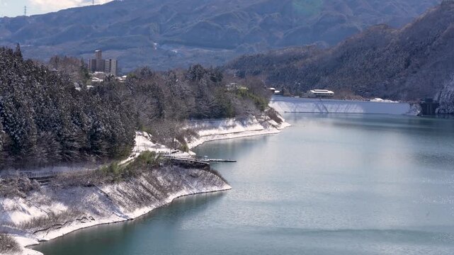 Winter scenery of "Aimata Dam" covered in snow, Gunma, Japan