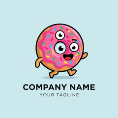 Cute Three Eyed Pink Donut Character Walking Joyfully.