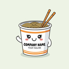 Cute Instant Noodle Cup Mascot Waving with Chopsticks.