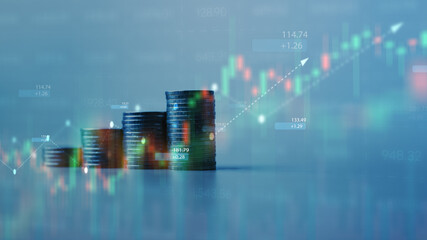 investment, portfolio, stocks, stock exchange, stock market, Stacks of coins with glowing stock market charts represent investment growth, portfolio performance, and rising financial returns.