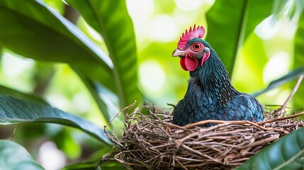 A Serene Scene of a Hen Brooding in Its Nest Amidst a Lush Green Landscape of Rustic Aviculture