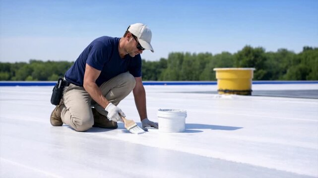 Waterproofing specialist applies white liquid roofing to the roof with a brush