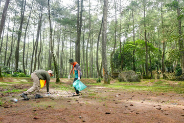 Dedicated Volunteers Cleaning up Litter in Scenic Forest Environment