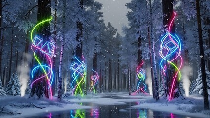 Snowy forest with vibrant neon lights on trees near a frozen pond at dusk with snowfall with winter landscape and illuminated and colorful and night
