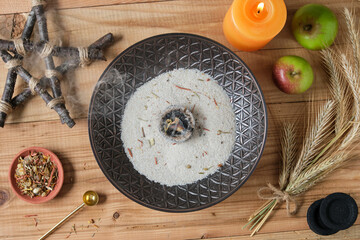 Lammas Ritual with Incense, Herbs, and Wiccan Harvest Symbols