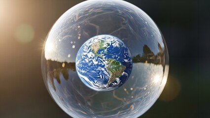 Tiny Earth encapsulated within a giant transparent bubble, symbolizing fragility and protection.