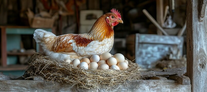 Hen Resting Comfortably on Nest Full of Beautiful Eggs in a Peaceful Farm Coop Setting