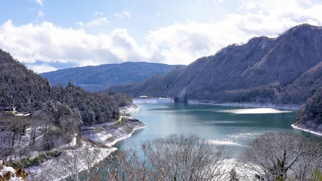 Winter scenery of "Aimata Dam" covered in snow, Gunma, Japan