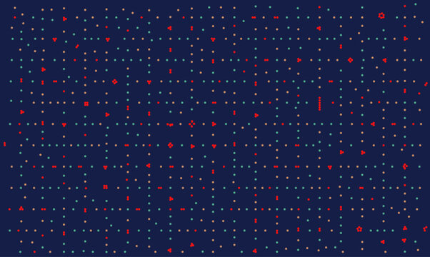 Abstract vector medical background with genomic microarray grid showing DNA sequencing data analysis or bacterial screening test with red markers on dark blue layout.