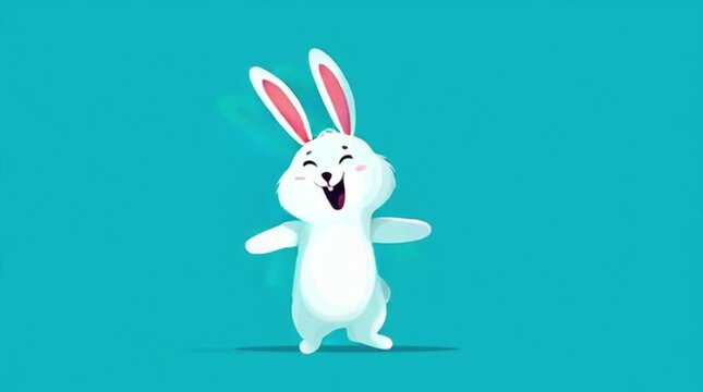 Cartoon white bunny performing a joyful cartoon dancing on teal background