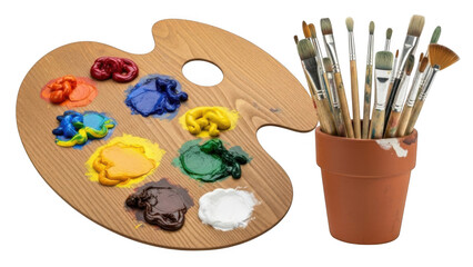 Artistic palette and brushes isolated on transparent background