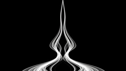 Abstract symmetrical white smoke or light wisps curve upward against a stark black background creating a dynamic visual effect.