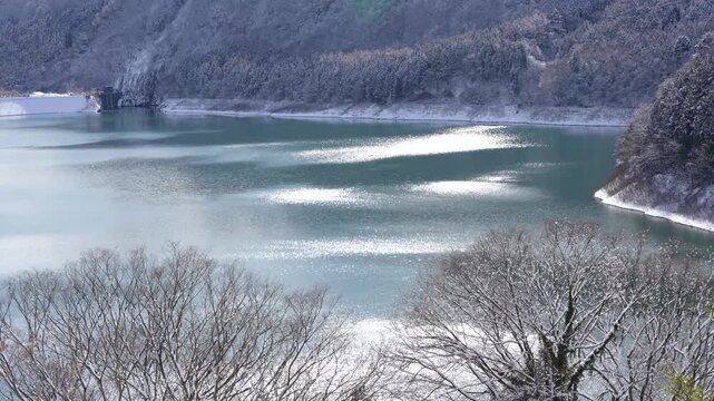 Winter scenery of "Aimata Dam" covered in snow, Gunma, Japan