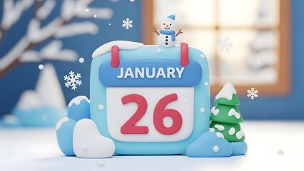 3d calendar icon showing january 26th with snowman and winter decorations