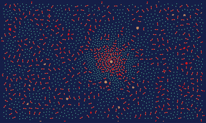 Dynamic abstract vector illustration portraying a complex data network or an artificial intelligence system, featuring numerous interconnected red, teal, and beige particles against a deep dark blue