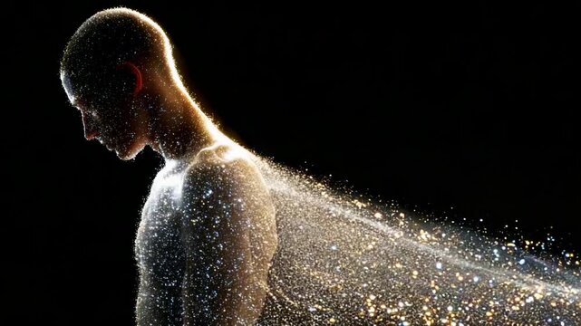 A mesmerizing portrayal of a human figure seemingly transforming into a cascade of shimmering particles, embodying the concept of ethereal beauty and the essence of existence in a surreal artistic