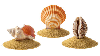 Three seashells on sand isolated on transparent background