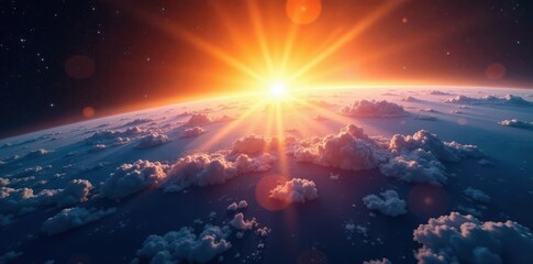 Earth rising above sunlit space, vibrant colors , space, scenic, celestial