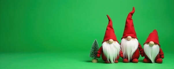 Festive gnomes, miniature Christmas trees, green background, picture, holiday decor