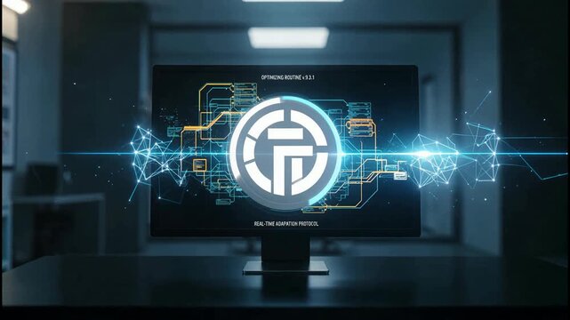 Digital communication: technological circuit board display featuring a company's logo, motion