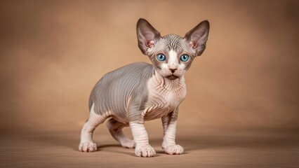 Beautiful purebred Sphynx kitten with striking blue eyes stands confidently on a warm earthy brown background in professional portrait