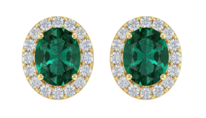 Oval Green Emerald Diamond Halo Earrings display precious gemstone surrounded by brilliant crystal stones set in yellow gold for luxury jewelry collection