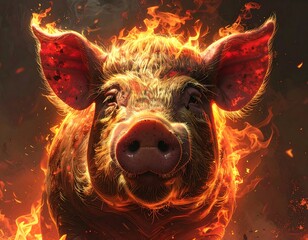 A pig engulfed in flames, seen head-on, radiating heat, painted with warm tones against a dark, smoky background