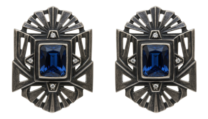 Vintage Art Deco Blue Sapphire Earrings feature geometric dark silver metal lines surrounding rectangular precious gemstone in antique retro jewelry style