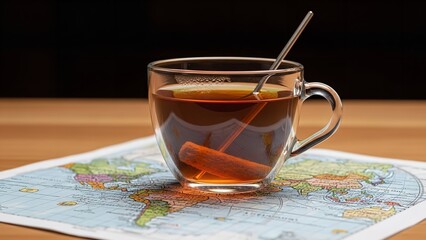 Warm cup of tea steeping on a world map, symbolizing travel and relaxation.