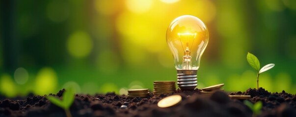 Sunlight illuminates lightbulb-tree; coins scattered on fertile soil Energy-efficient, financial gain , eco, environment
