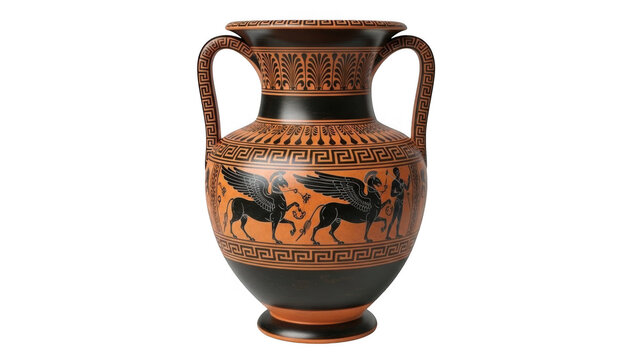 Ancient greek vase with warrior scene isolated on transparent background