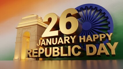 3d golden text 26 january happy republic day india celebration with ashoka chakra