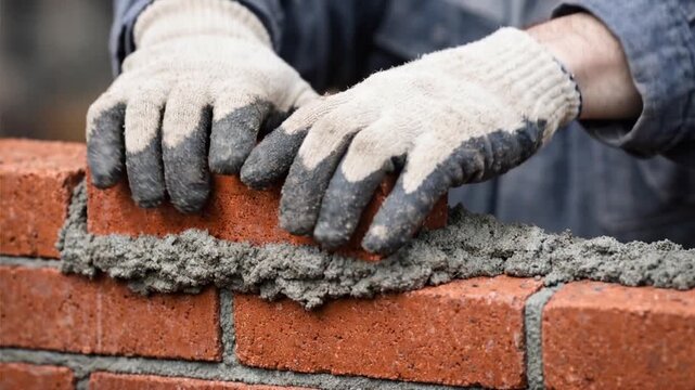 Bricklayer lays bricks in a bed of mortar, building brickwork