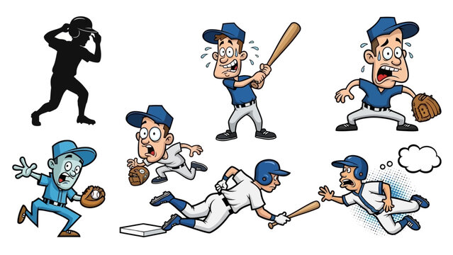 Baseball players in various cartoon and silhouette styles, set of seven illustrations depicting action poses, pitching, catching, and sliding on field