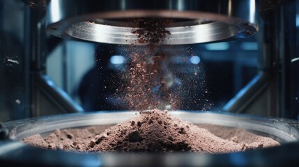 Fine brown powder material falling from overhead machinery into a collection basin