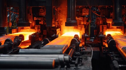 Hot metal beams moving through industrial rolling mill machinery in a factory setting