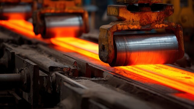 Glowing hot metal bars being processed on industrial rollers in a factory