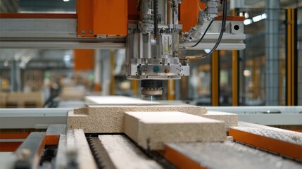 Automated industrial machinery precisely cuts composite wood materials on a conveyor system