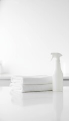 Spray bottle and folded towels on white, cleaning product mockup
