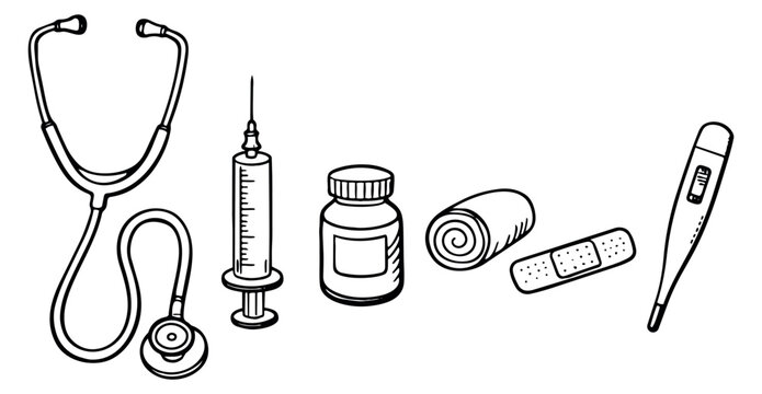 Hand drawn line art medical tools set featuring a stethoscope, syringe, medicine bottle, bandage, and thermometer for healthcare and first aid concepts