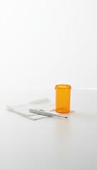 Prescription pill bottle and syringe on white, healthcare concept