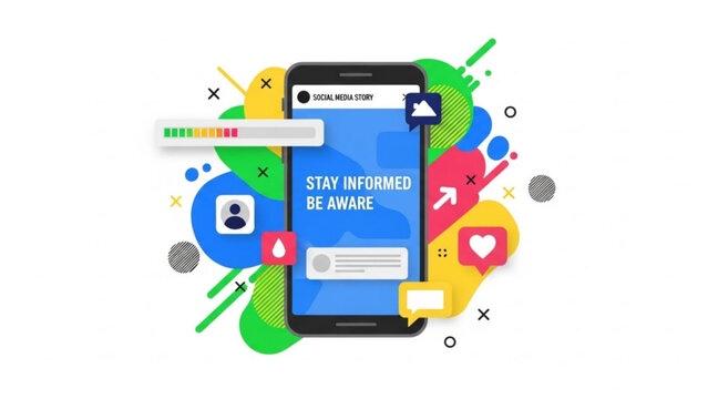 Colorful social media story illustration on mobile phone screen with stay informed be aware message and various icons with shapes with vibrant