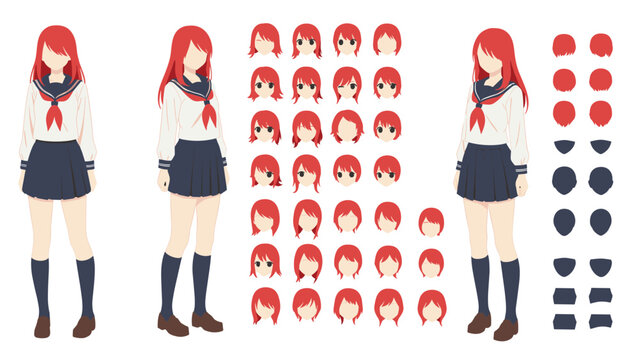 Redhead anime schoolgirl character design sheet includes multiple facial expressions and body angles for animation reference.