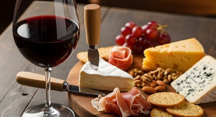 A perfectly arranged gourmet cheese board featuring a glass of rich red wine alongside cured meats grapes and nuts for an elegant appetizer