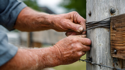 Low-Angle View of Contractor Using Winch to Straighten Fence