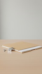 Clipboard with pen on beige background, minimal paperwork mockup